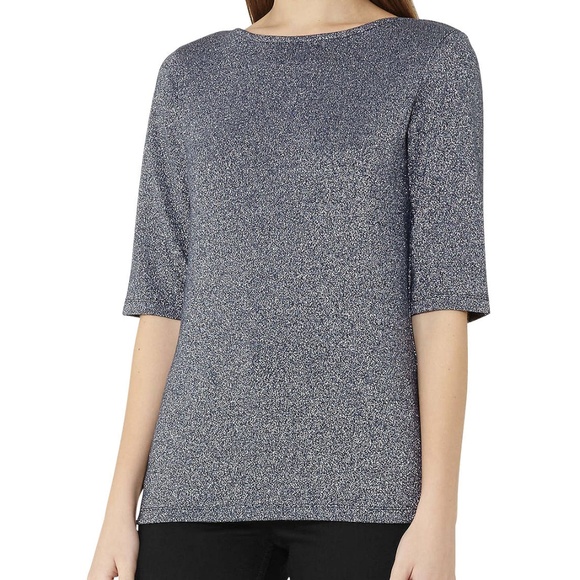 NWT Reiss Joey Metallic Short Sleeve T-Shirt Top Navy - Picture 1 of 10